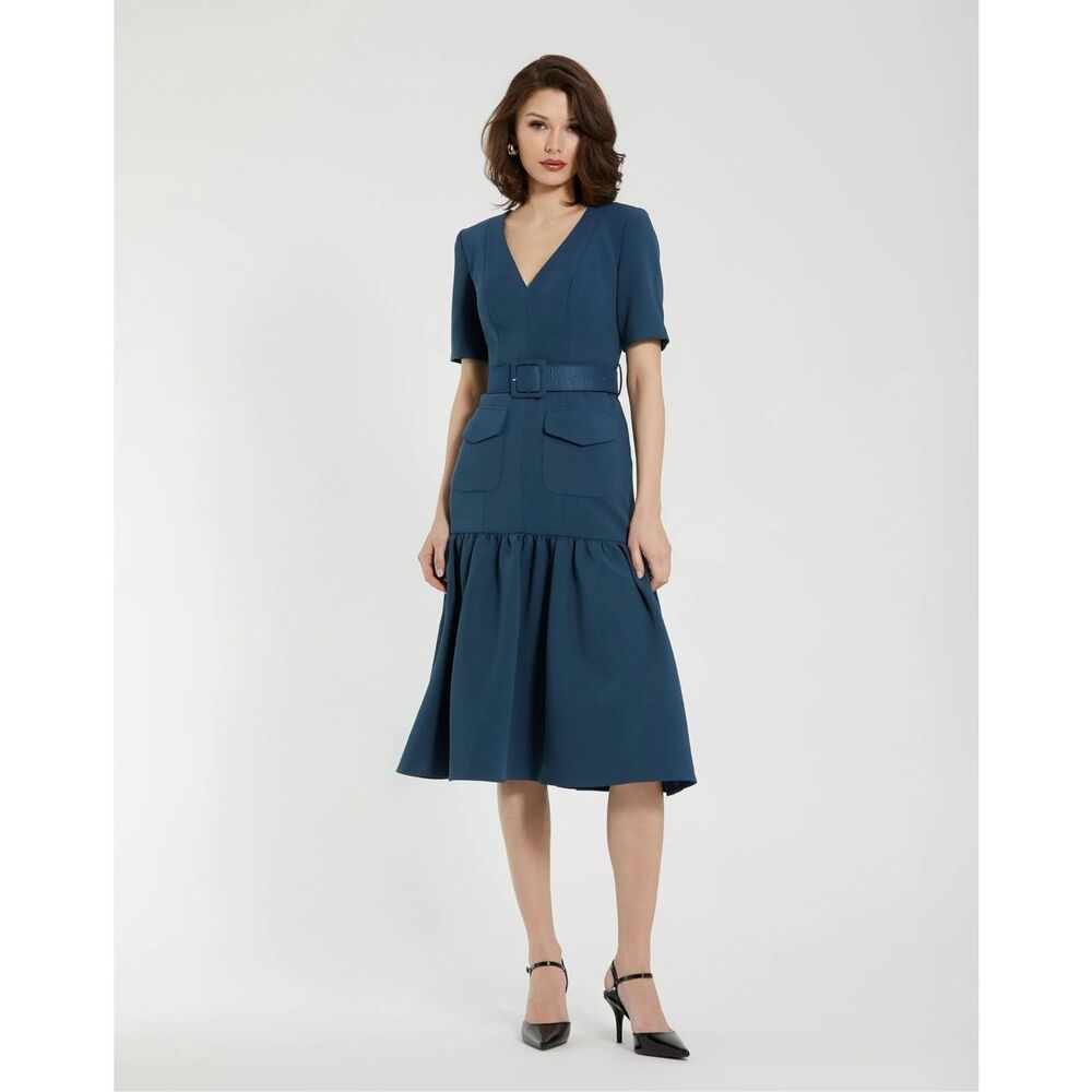 MAC DUGGAL Blue Crepe 3/4 Sleeve Midi Dress With Belt And Pockets US 6 $398